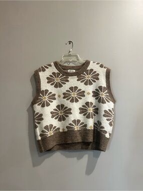 Dry Goods Cream and Brown Daisy Knit V-Neck Sweater Vest